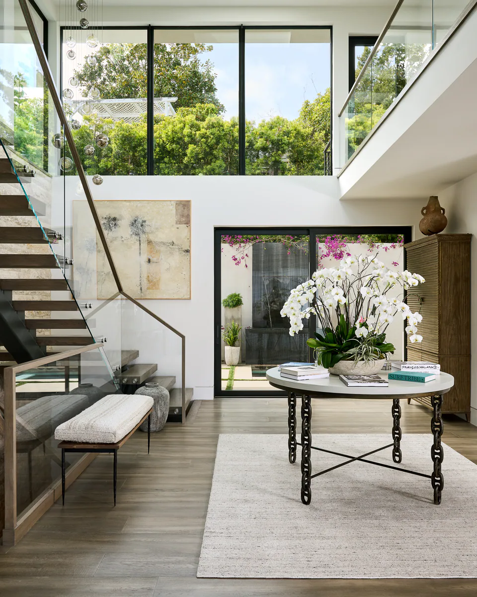 Entry and stair hall at Pacific Palisades, Pacific Palisades, California, interior design by Paul Lauren Designs