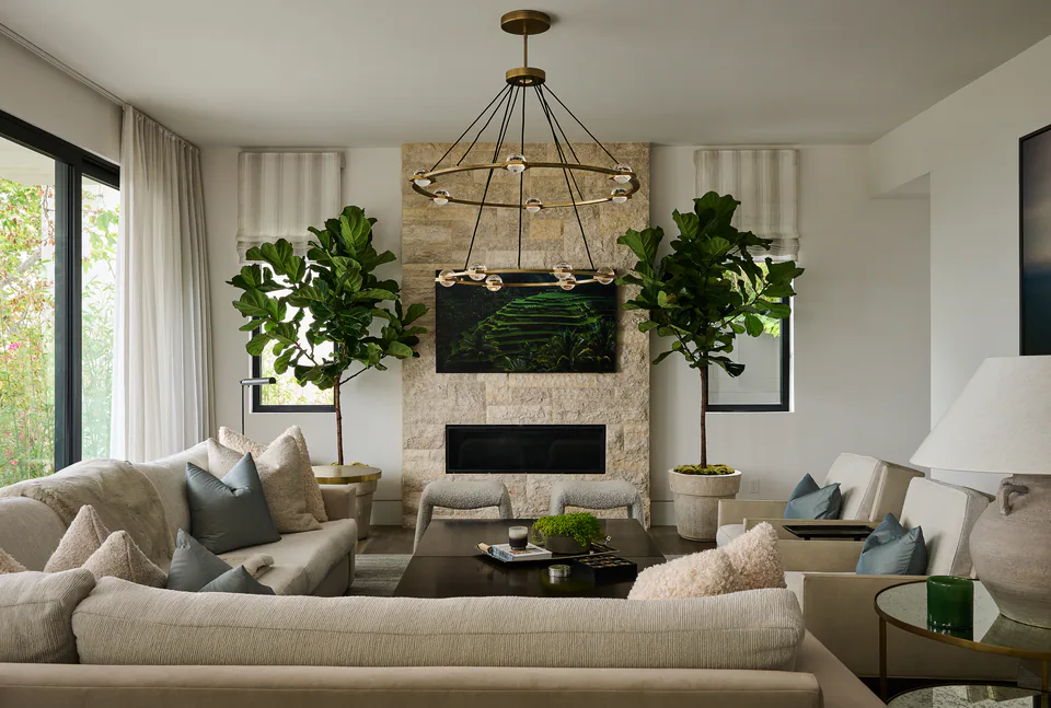 Family room at Pacific Palisades, Pacific Palisades, California, interior design by Paul Lauren Designs