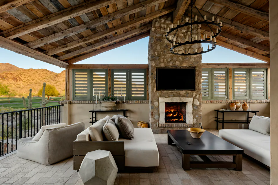 Covered patio at The Village of Silverleaf, North Scottsdale, interior design by Paul Lauren Designs